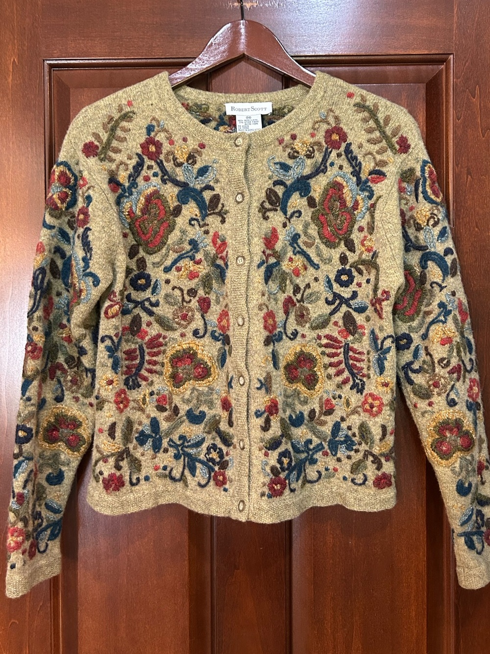 Vintage Robert Scott Wool Embroidered Floral Cardigan Sweater Size M Cottagecore